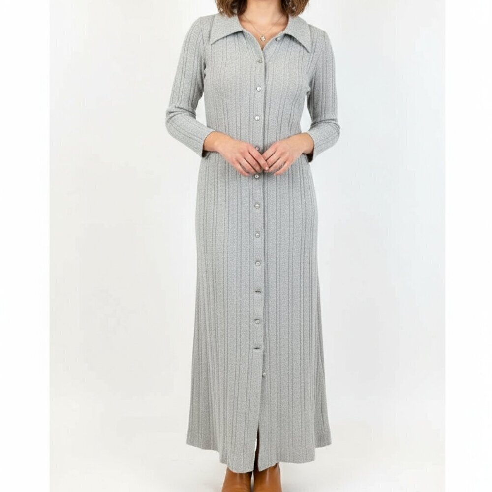Vintage Gay Gibson Gray Silver Treads Maxi Dress Button Up Cardigan Dress 1970